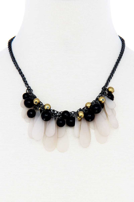 Black/White And Gold Balls With Tassel Statement Necklace