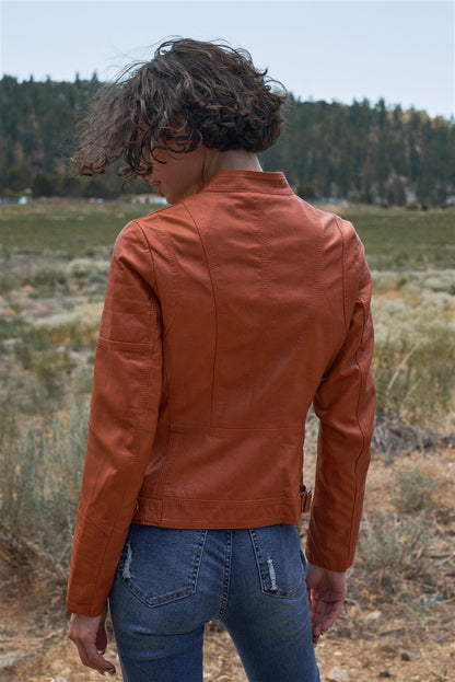 Rust Vegan Leather Long Sleeve Biker Jacket