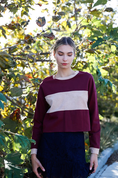 Burgundy Colorblock Long Sleeve Crop Top