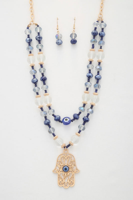 Hamsa hand pendant beaded layered necklace