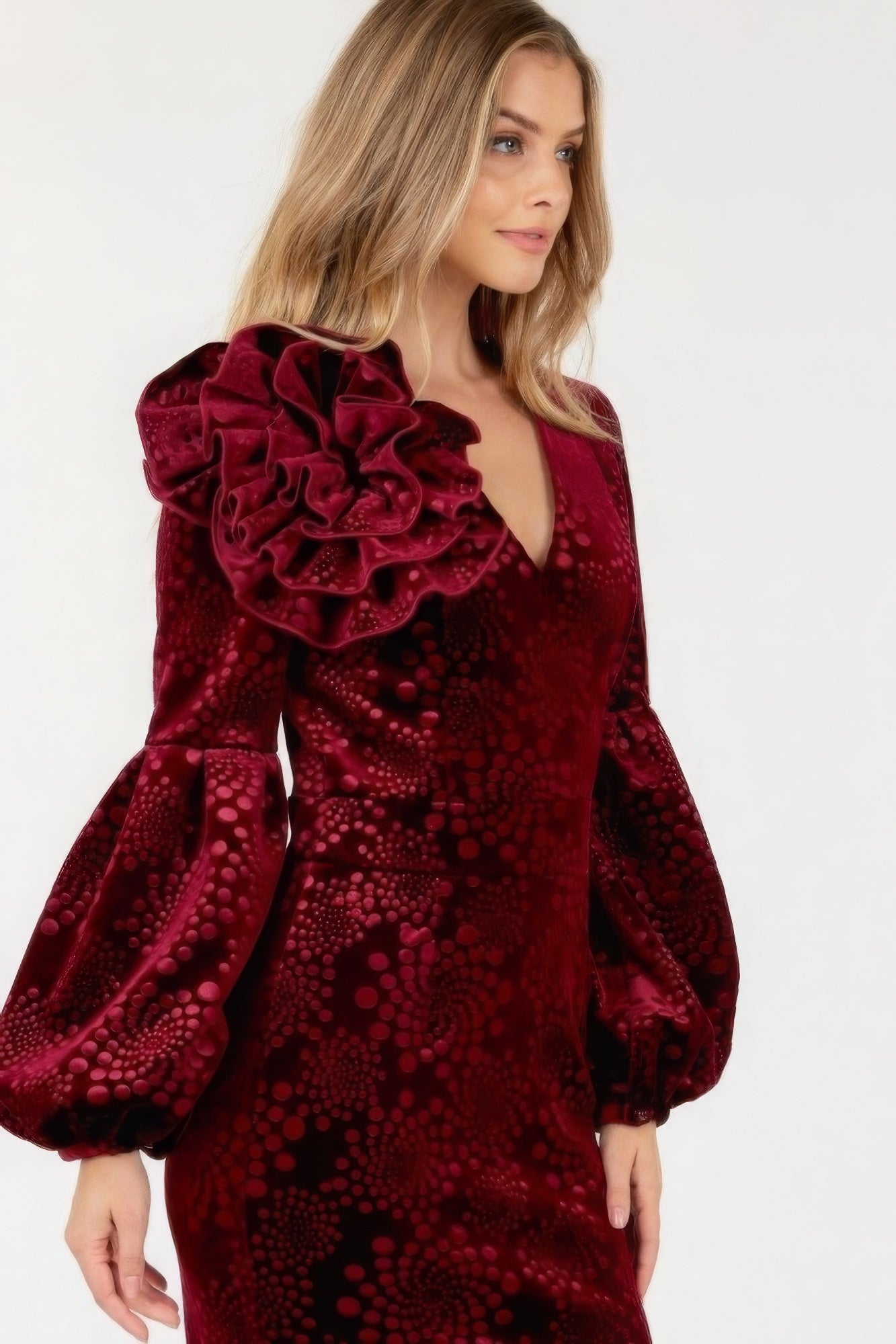 Flower Patch Flocked Velvet Fitted Midi Dress With Puff Sleeves