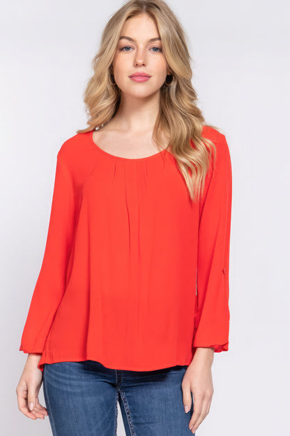 3/4 Roll Up Sleeves Pleated Blouse