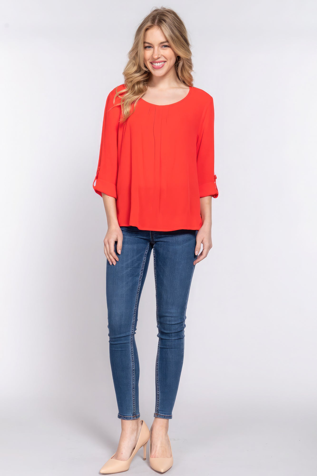 3/4 Roll Up Sleeves Pleated Blouse