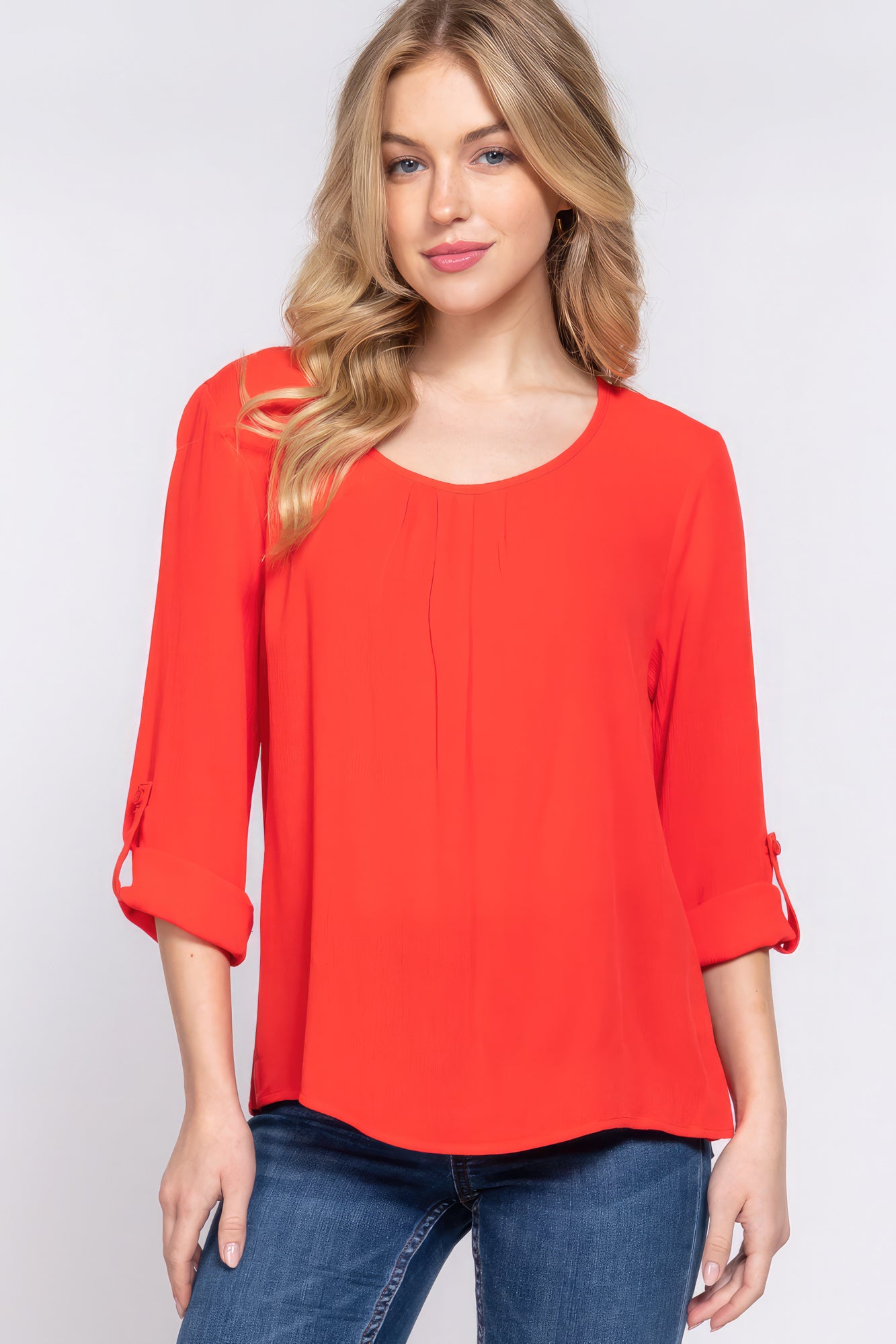 3/4 Roll Up Sleeves Pleated Blouse