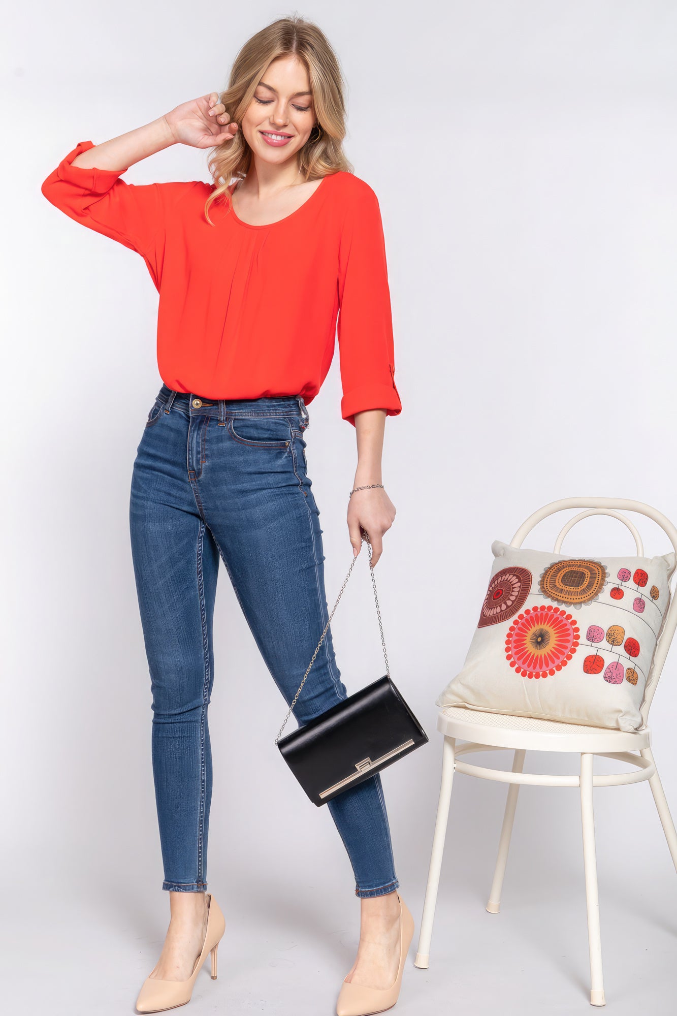 3/4 Roll Up Sleeves Pleated Blouse