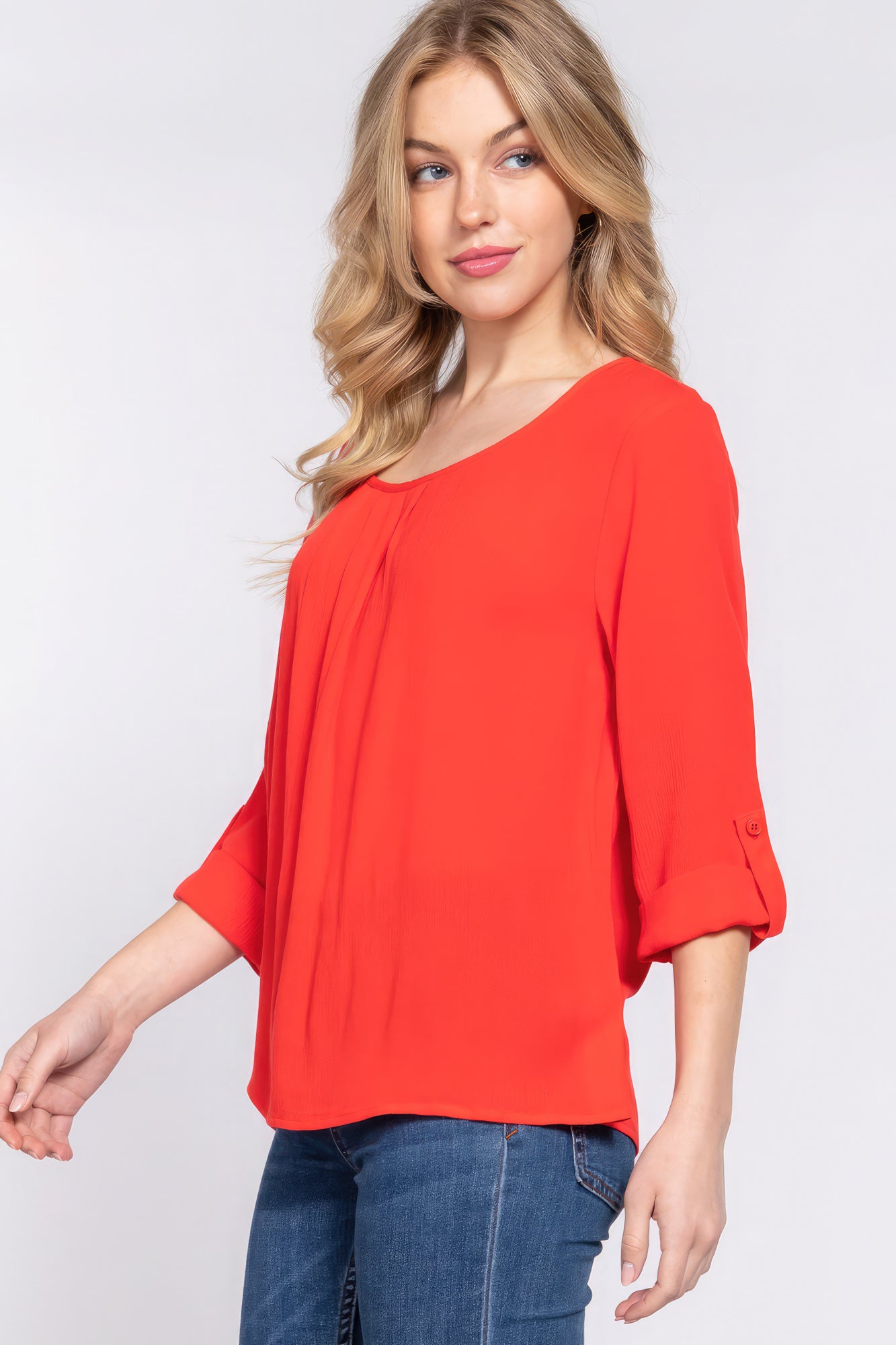 3/4 Roll Up Sleeves Pleated Blouse