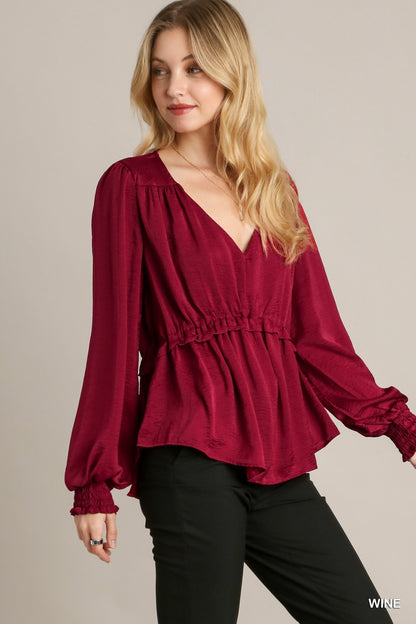 Satin V-neck Ruffle Baby Doll Top With Cuffed Long Sleeve