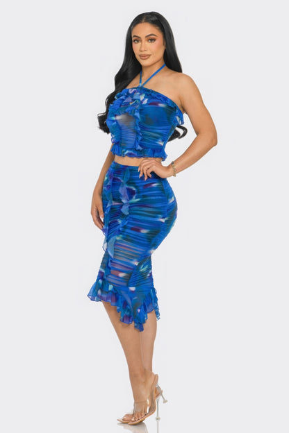 Tropical Waters Print Mesh Ruffle Halter Skirt Set