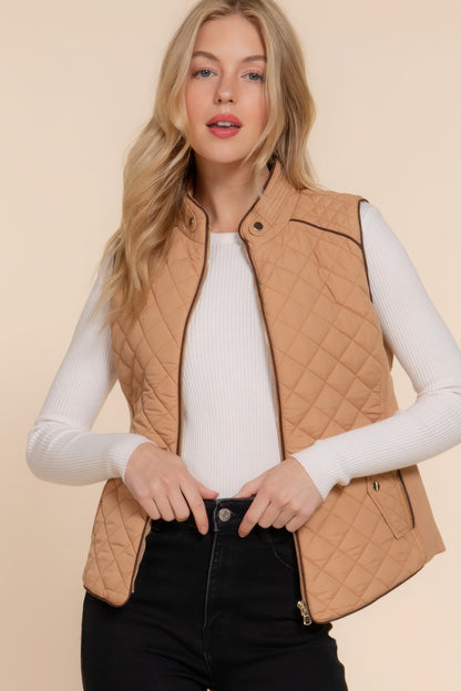 Suede Piping Quilted Padding Vest