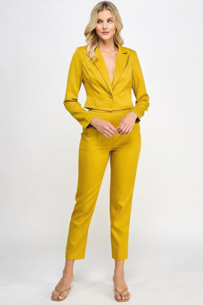 Single Button Crop Blazer With Tailored Pants Set