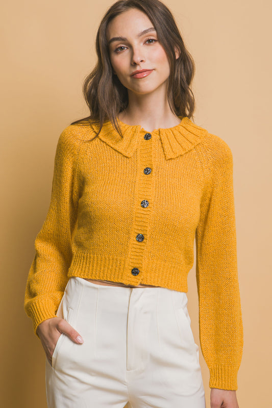 Women's Stylish Yellow Short Crop Front Buttoned Collared Sweater Cardigan for Winter/Fall Sweater