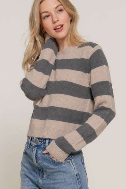 Long Slv Crew Neck Stripe Sweater