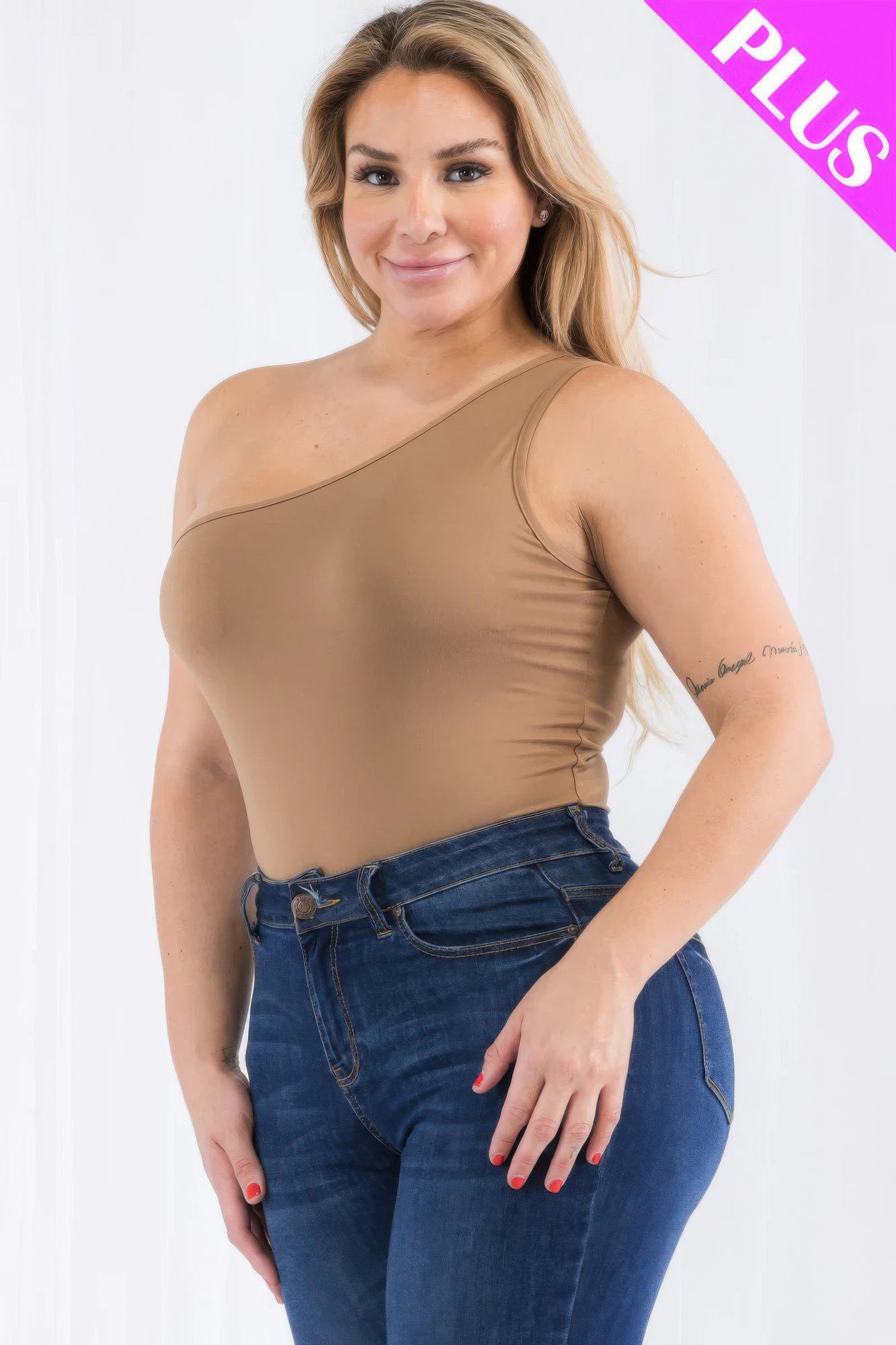 Plus size one shoulder solid casual bodysuit