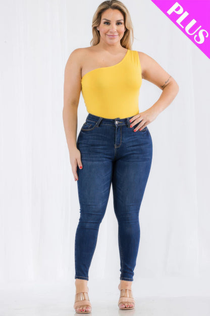 Plus size one shoulder solid casual bodysuit