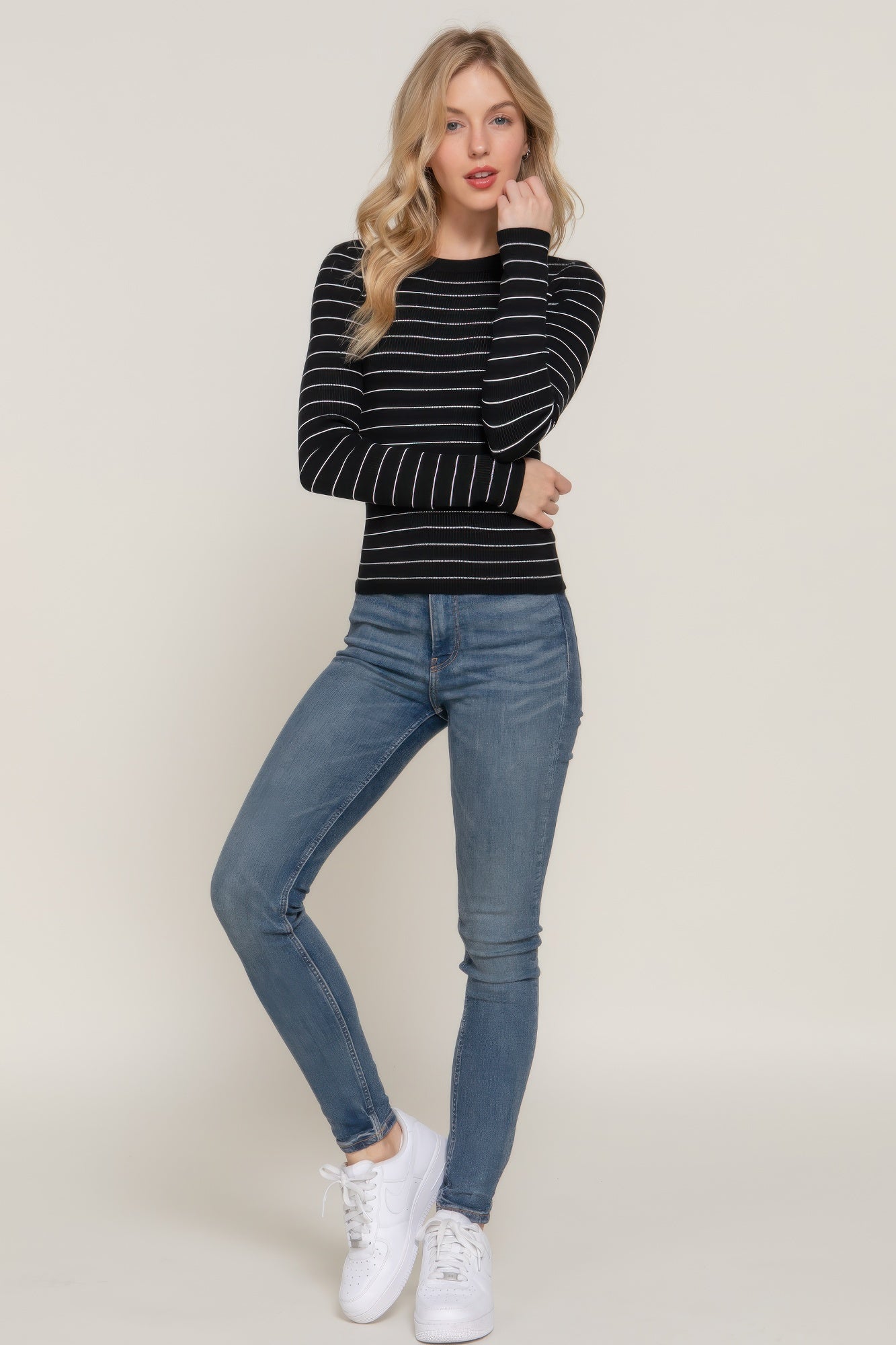 Long slv crew neck stripe sweater