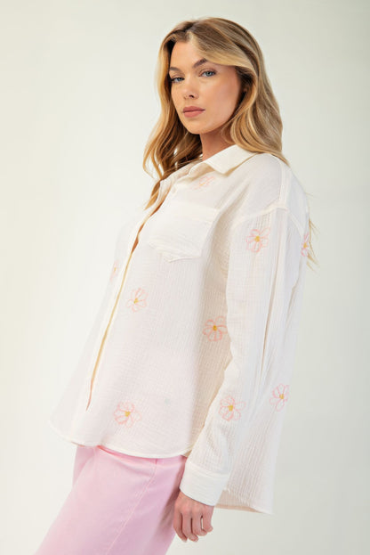 Embo detailed cotton gauze button down shirt