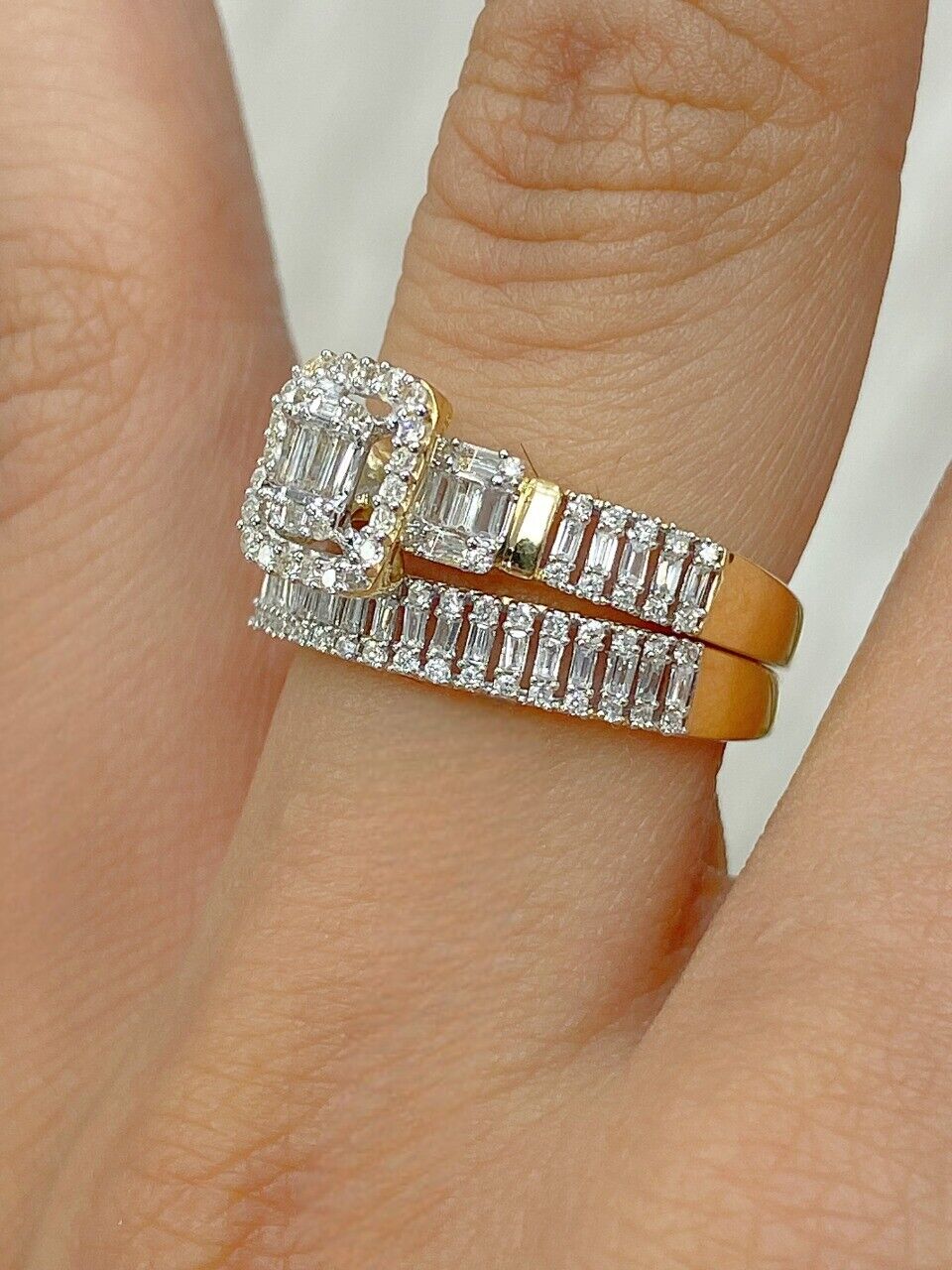 0.80 CT Genuine Diamond/Baguette Bridal Engagement Set Ring 14K Gold/White