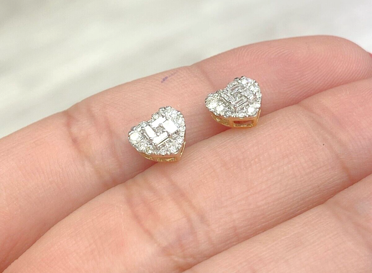 0.50CTW Natural Round Baguettes Diamond Heart Stud Earrings in 10K Gold