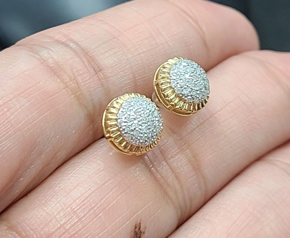 0.20CTW Yellow Gold Real Diamond Studs 3D Pave Earrings in 10K with 6.93MM