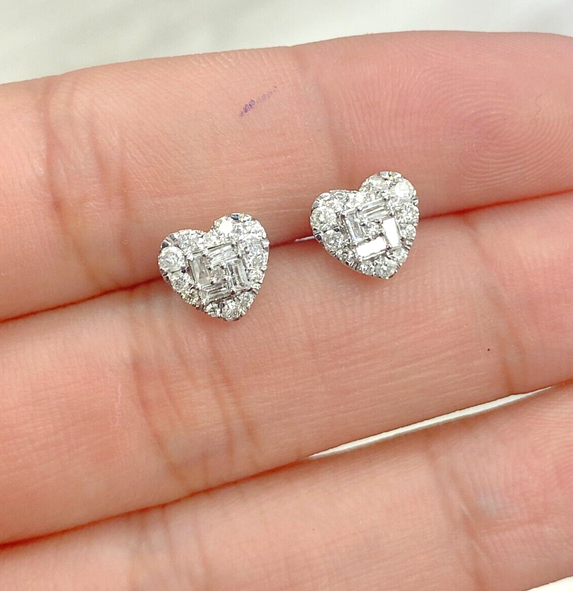 0.50CTW Natural Round Baguettes Diamond Heart Stud Earrings in 10K Gold