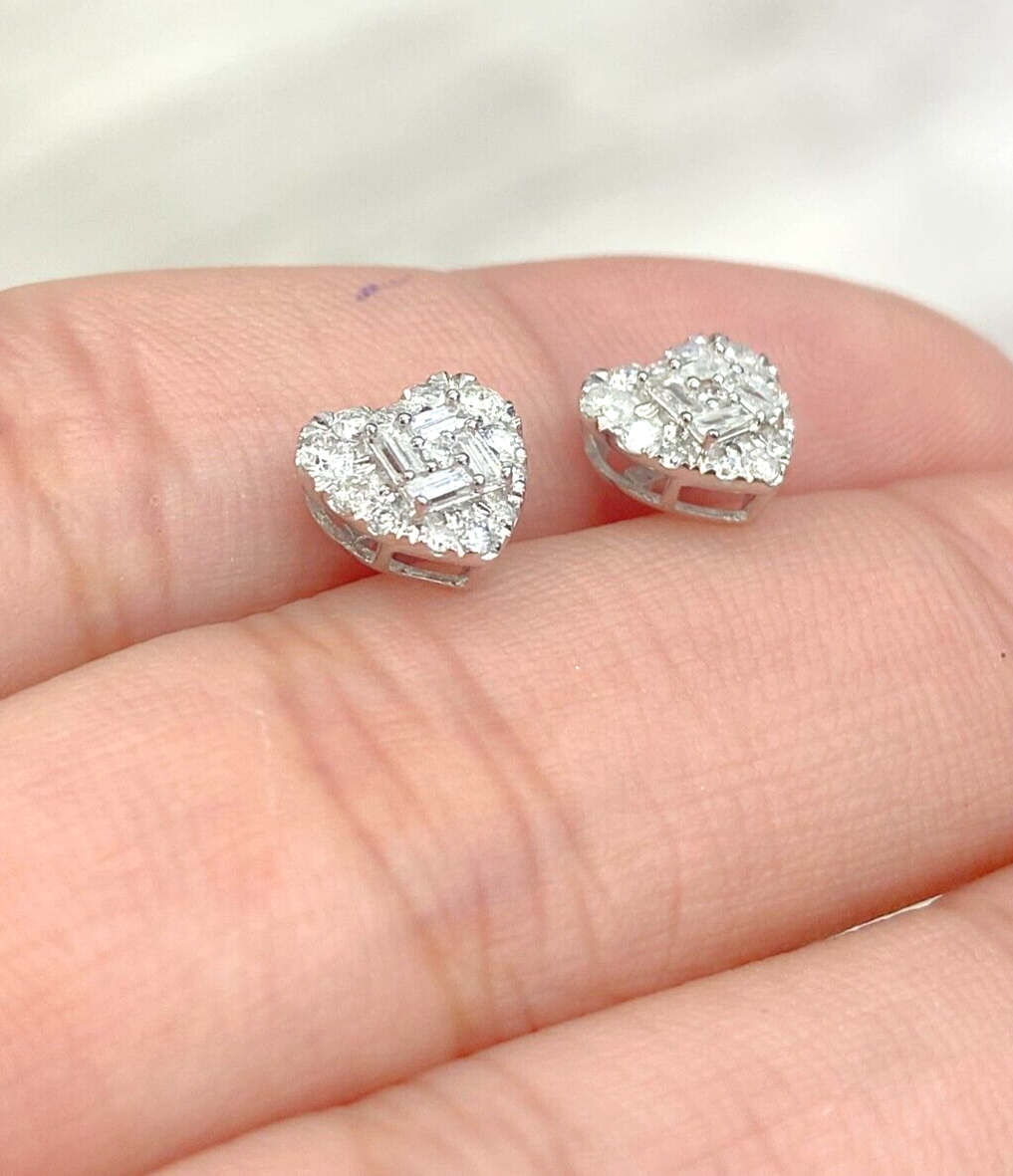 0.50CTW Natural Round Baguettes Diamond Heart Stud Earrings in 10K Gold