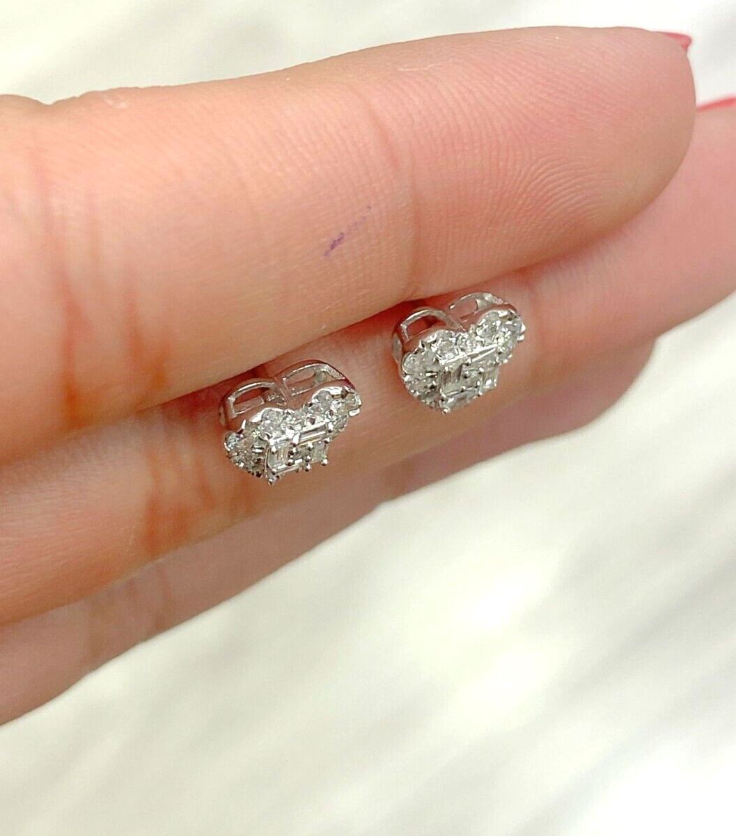 0.50CTW Natural Round Baguettes Diamond Heart Stud Earrings in 10K Gold