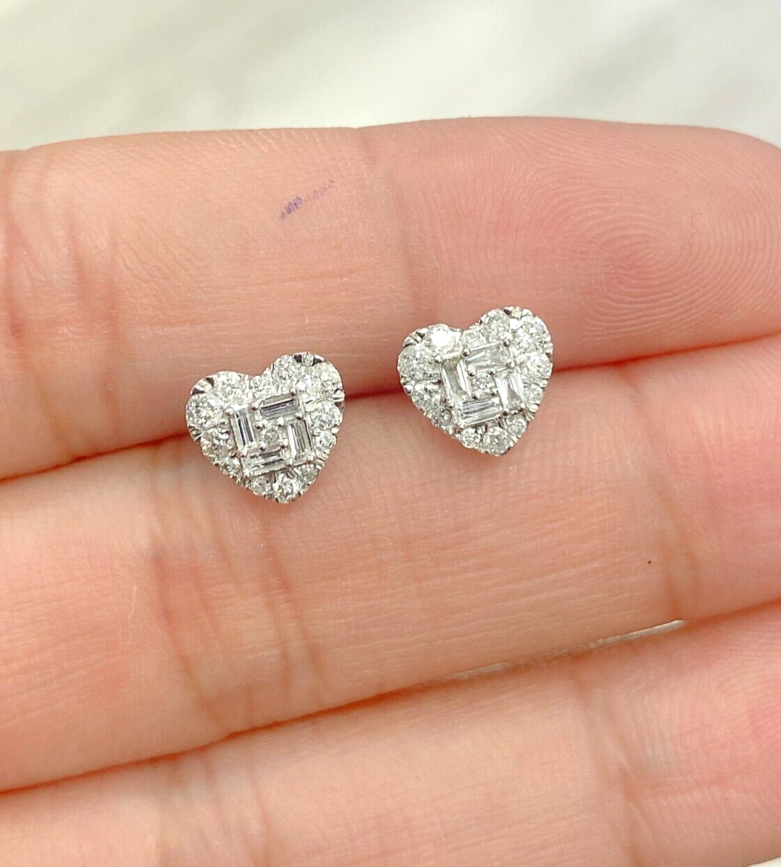 0.50CTW Natural Round Baguettes Diamond Heart Stud Earrings in 10K Gold