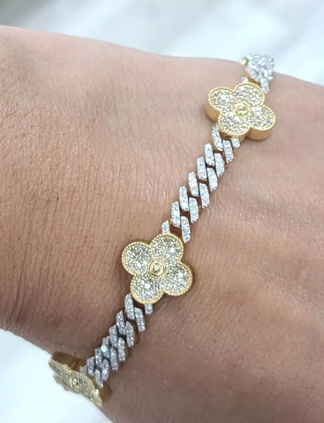 3.00CTW Diamond Flower Cuban Ladies Bracelet 10K Gold 7.5"