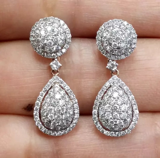 1.40CT Natural Round Diamond Cluster Tear Drop Dangle Earrings in 14K Rose Gold/White 24mm