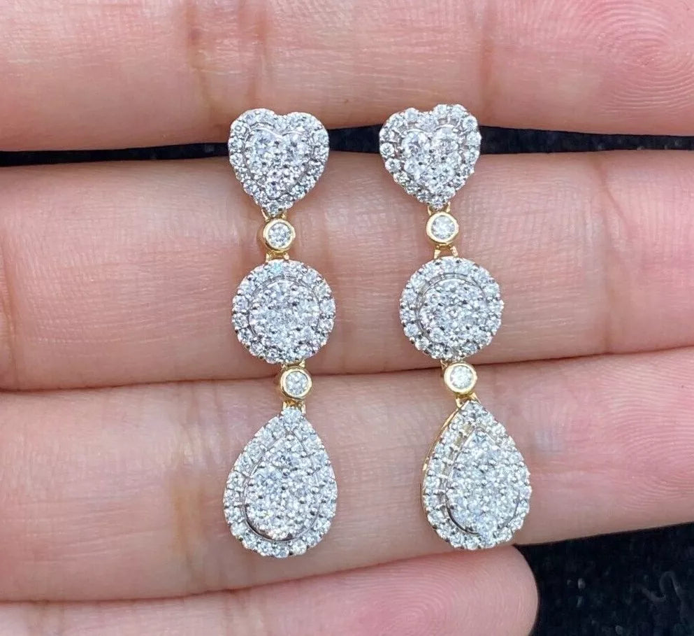 1.60 CTW Natural Round Diamond Heart Drop Dangle Earring 14K Gold