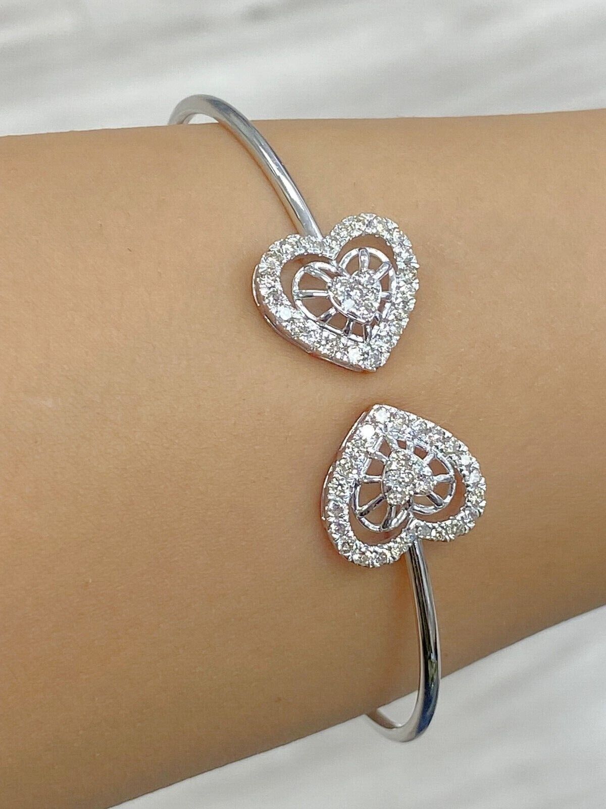 1.10CTW Natural Round Diamond Heart Bangle Cuff Bracelet 14KT