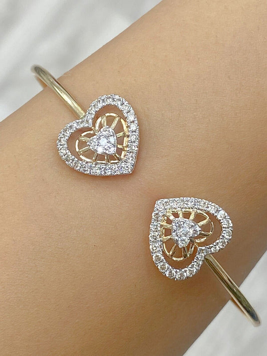 1.10CTW Natural Round Diamond Heart Bangle Cuff Bracelet 14KT