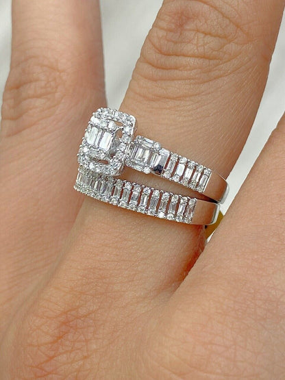 0.80 CT Genuine Diamond/Baguette Bridal Engagement Set Ring 14K Gold/White