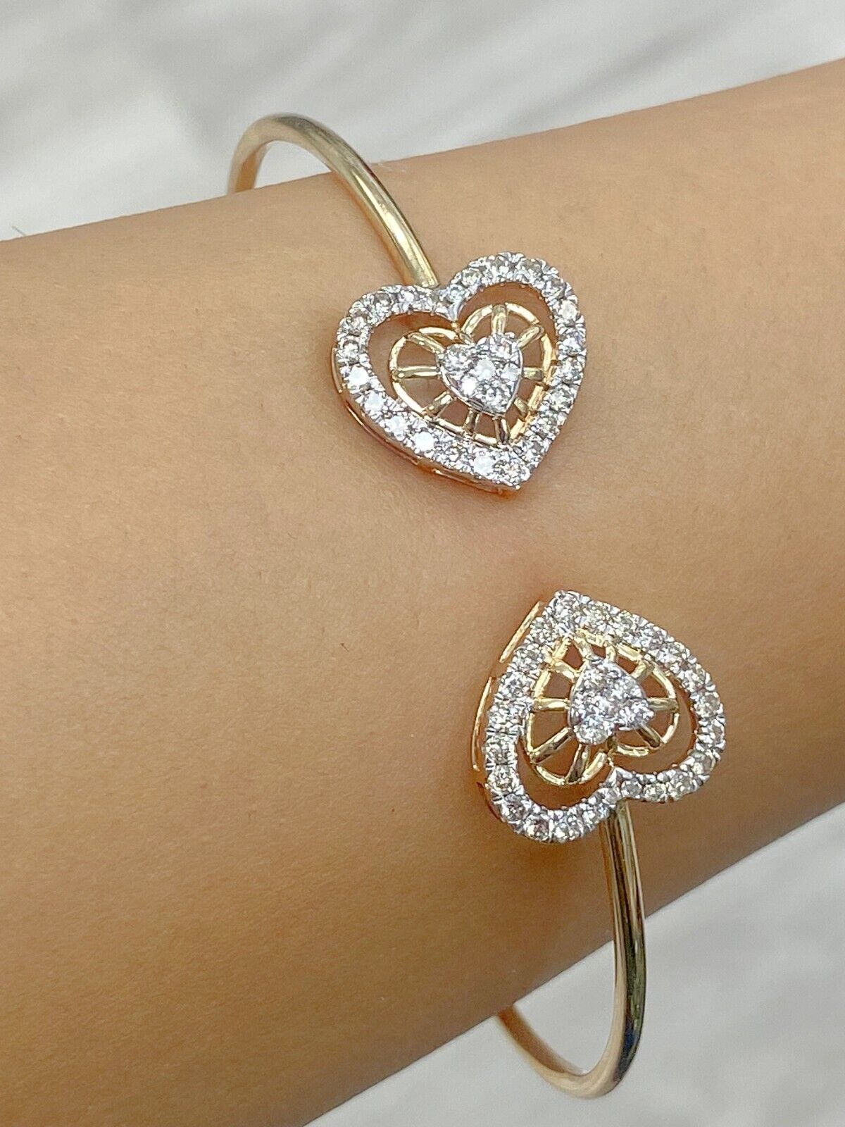 1.10CTW Natural Round Diamond Heart Bangle Cuff Bracelet 14KT