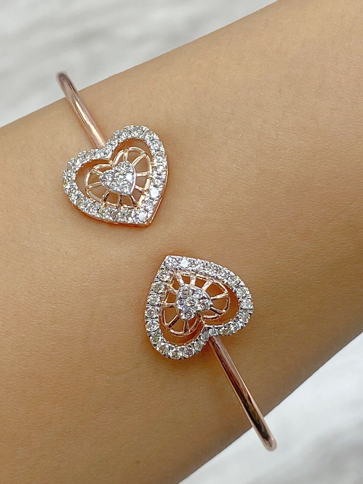 1.10CTW Natural Round Diamond Heart Bangle Cuff Bracelet 14KT