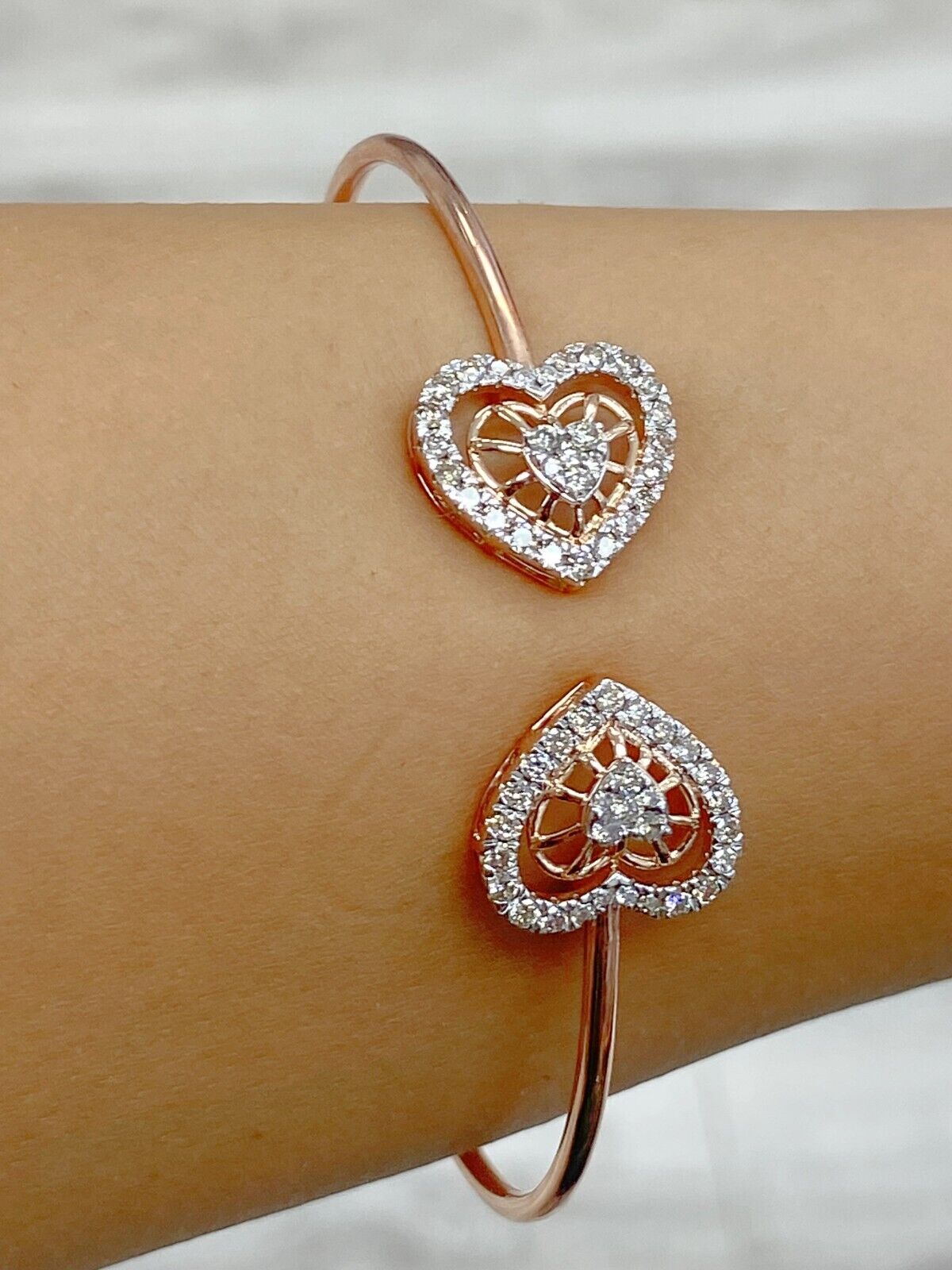 1.10CTW Natural Round Diamond Heart Bangle Cuff Bracelet 14KT