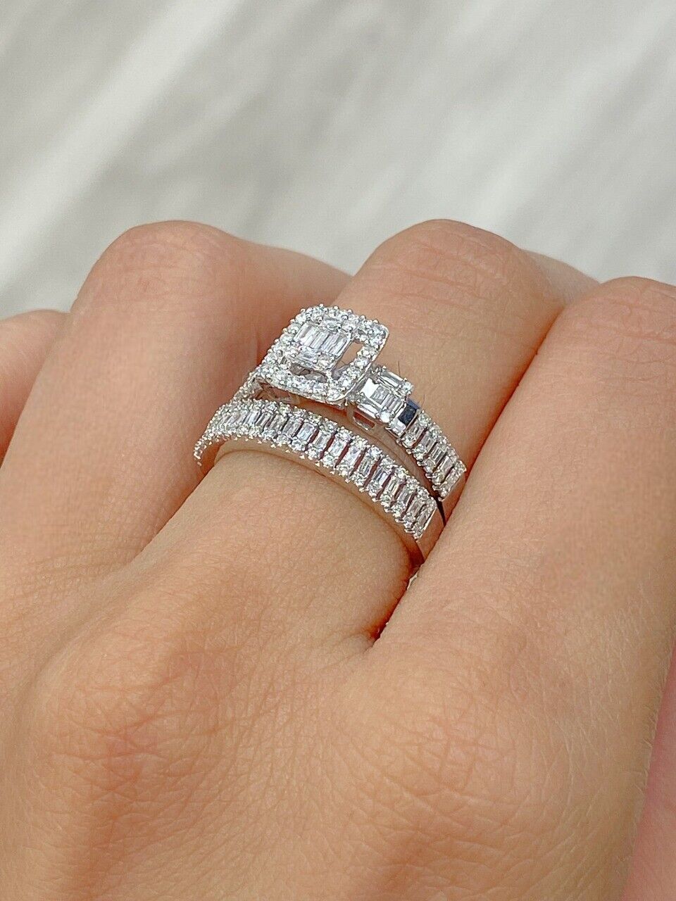 0.80 CT Genuine Diamond/Baguette Bridal Engagement Set Ring 14K Gold/White