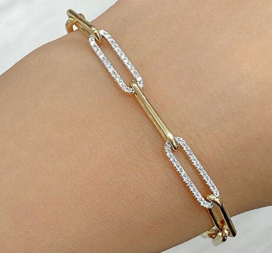 1.00CTW Natural Diamonds Women's Paper Clip Bracelet 14KT White Gold 7.5"