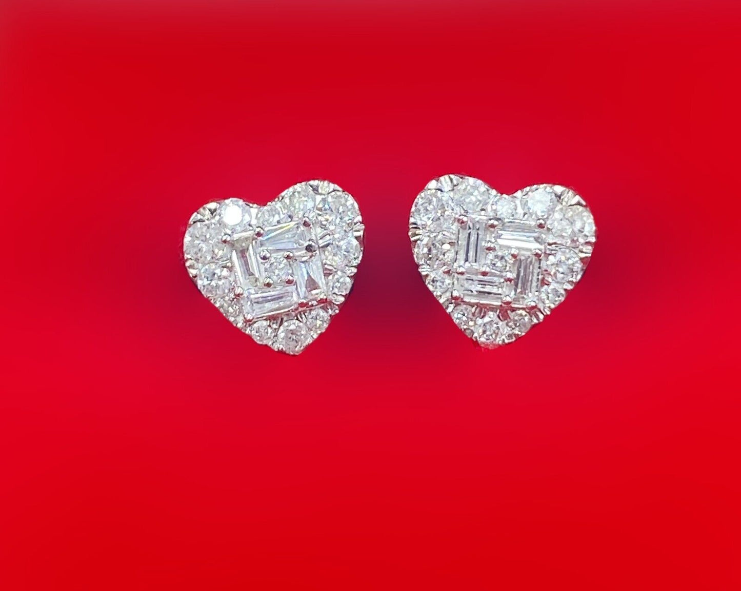 0.50CTW Natural Round Baguettes Diamond Heart Stud Earrings in 10K Gold