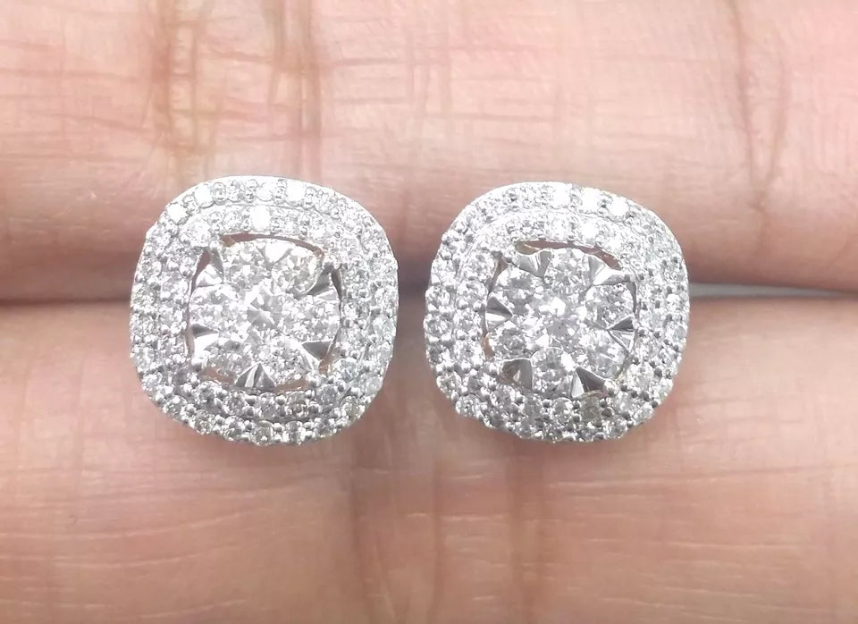 1.00CTW Natural Round Diamond Cluster Halo Studs Earrings in 14K Gold 11M