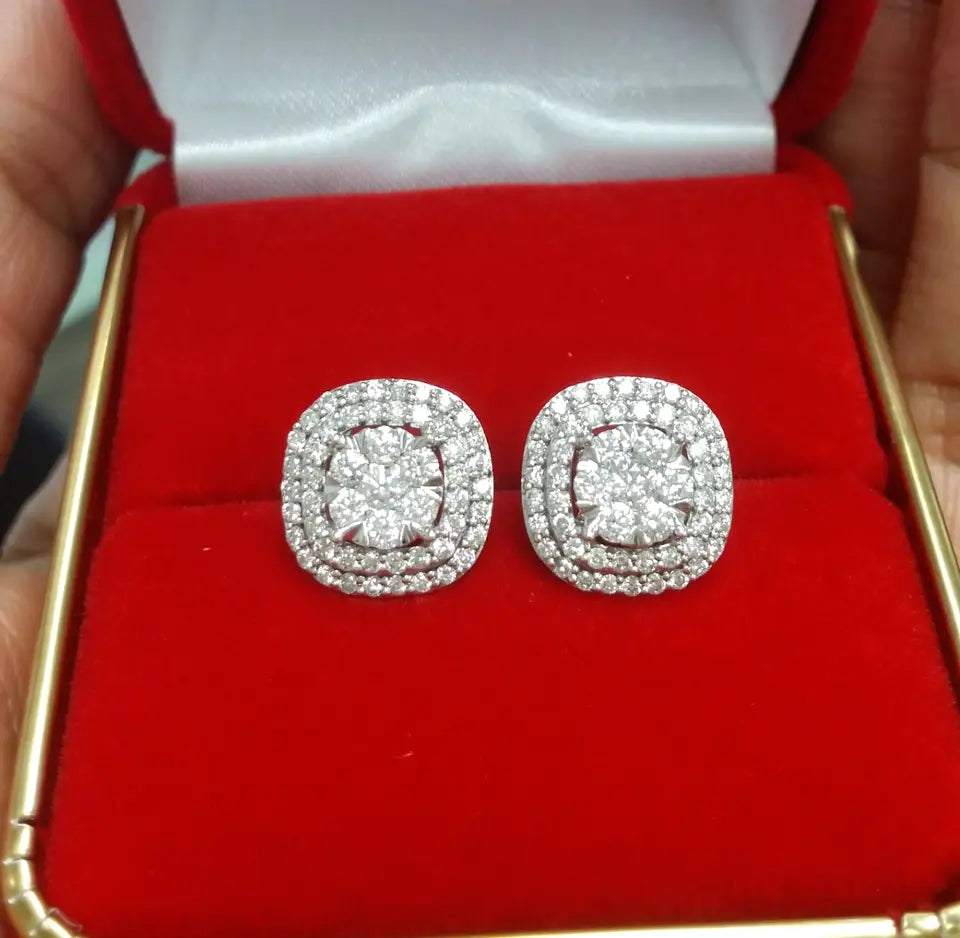 1.00CTW Natural Round Diamond Cluster Halo Studs Earrings in 14K Gold 11M