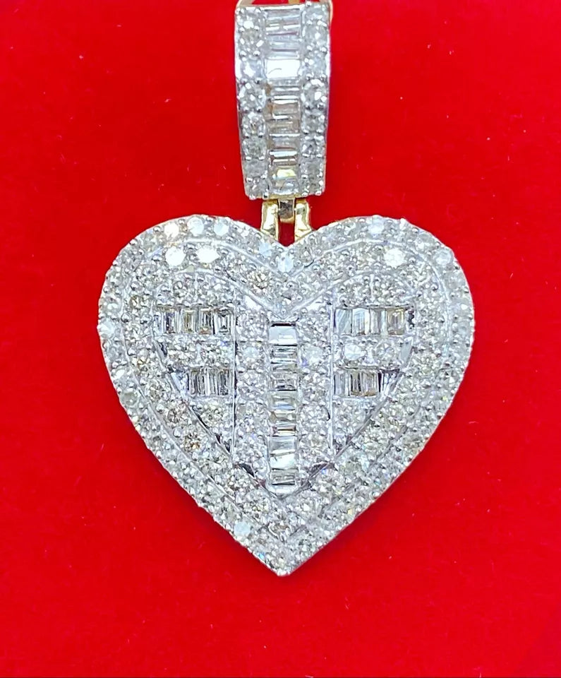 1.55CT Genuine Round Baguette Diamonds Heart Pendant 14KT Gold