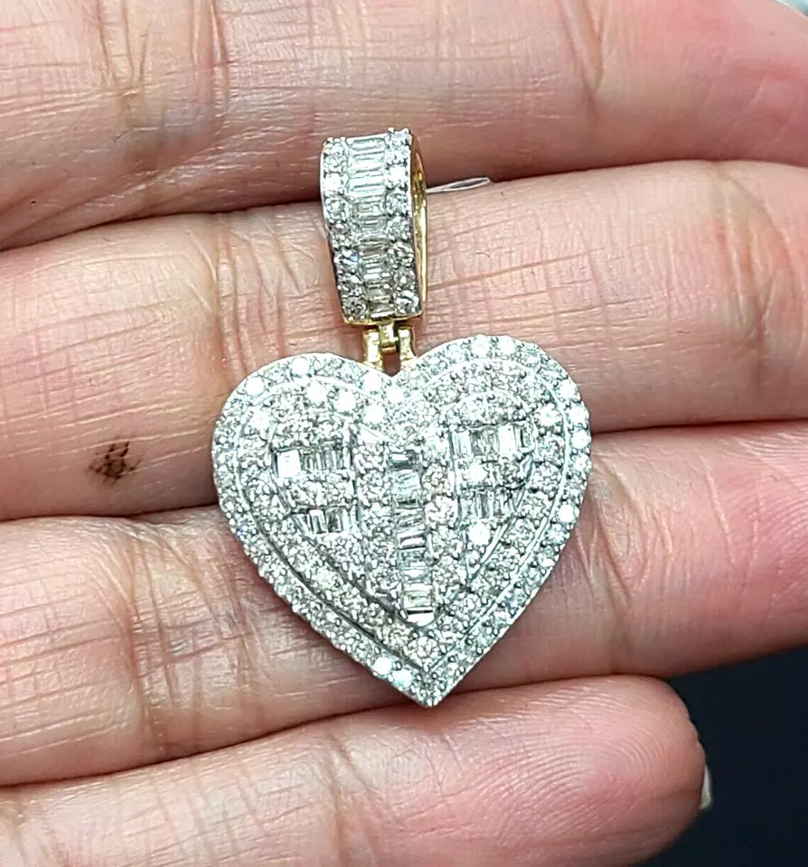 1.55CT Genuine Round Baguette Diamonds Heart Pendant 14KT Gold