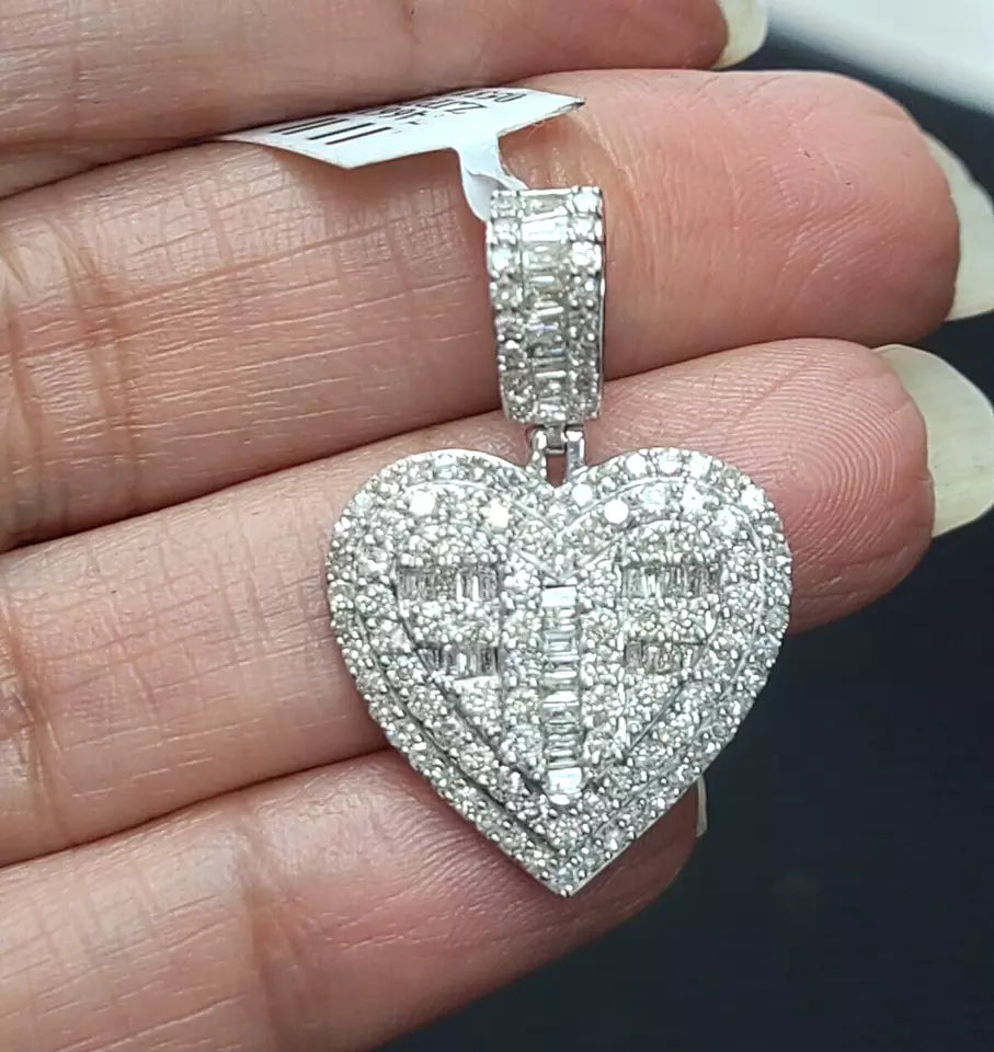 1.55CT Genuine Round Baguette Diamonds Heart Pendant 14KT Gold