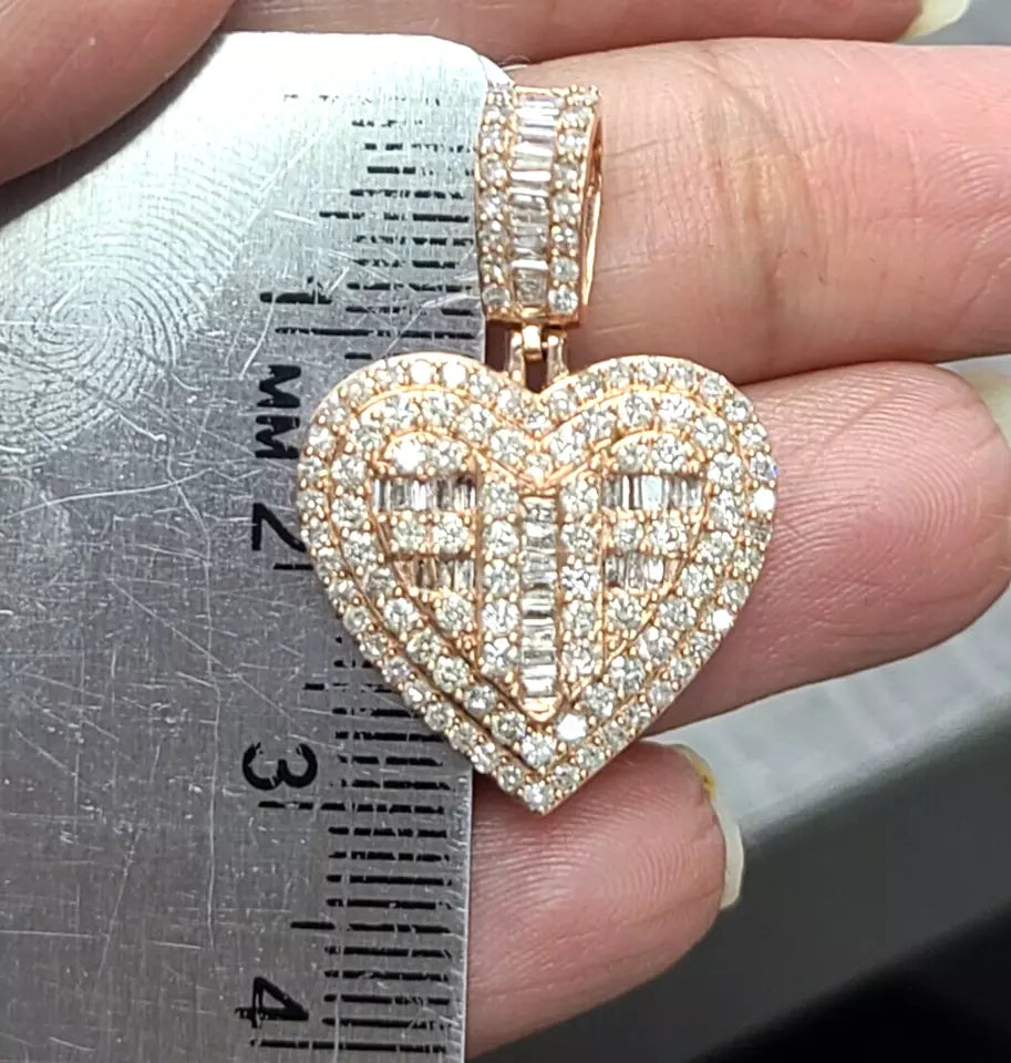 1.55CT Genuine Round Baguette Diamonds Heart Pendant 14KT Gold