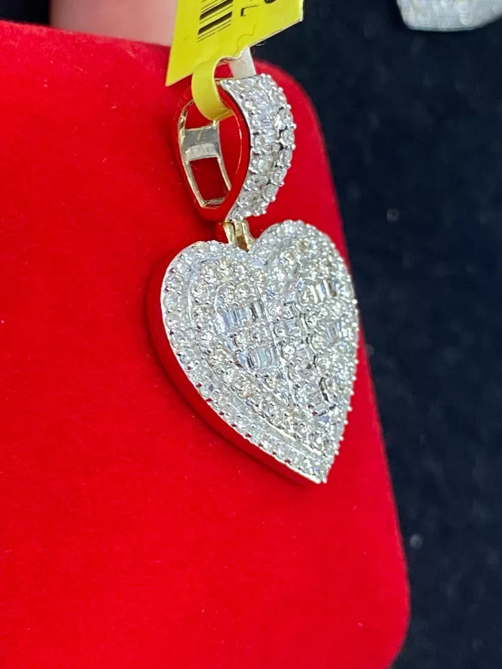 1.55CT Genuine Round Baguette Diamonds Heart Pendant 14KT Gold