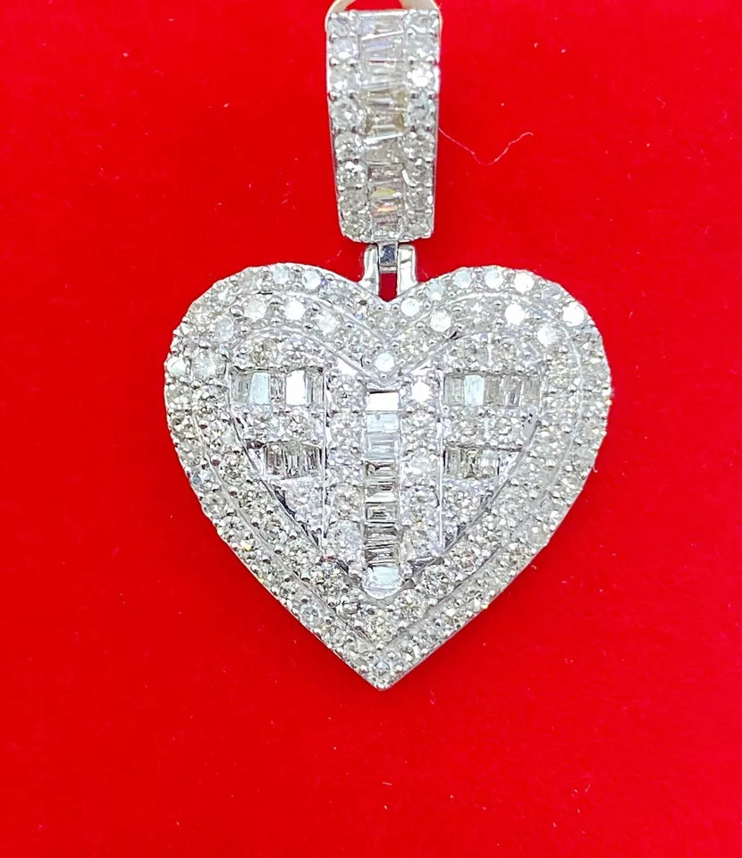 1.55CT Genuine Round Baguette Diamonds Heart Pendant 14KT Gold