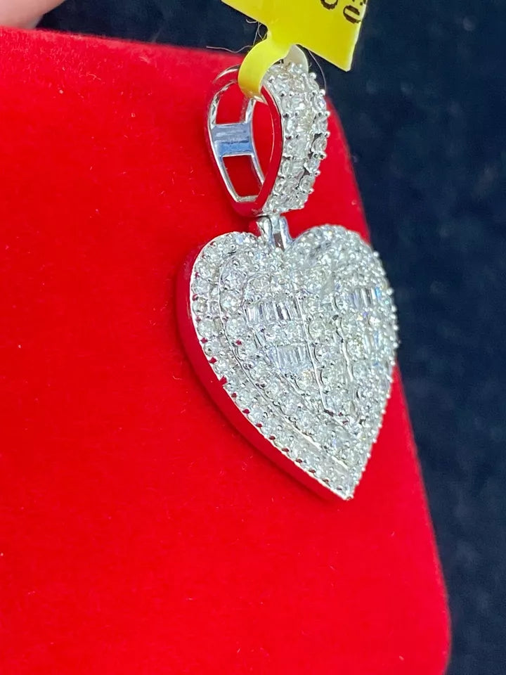 1.55CT Genuine Round Baguette Diamonds Heart Pendant 14KT Gold