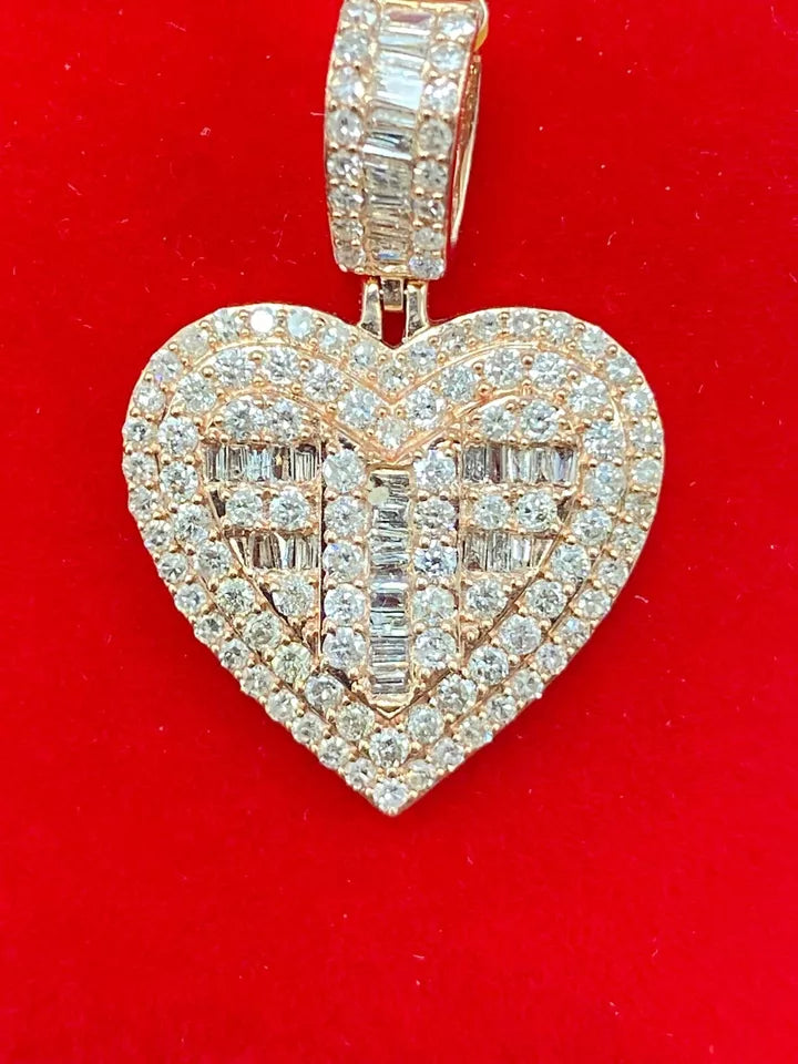 1.55CT Genuine Round Baguette Diamonds Heart Pendant 14KT Gold