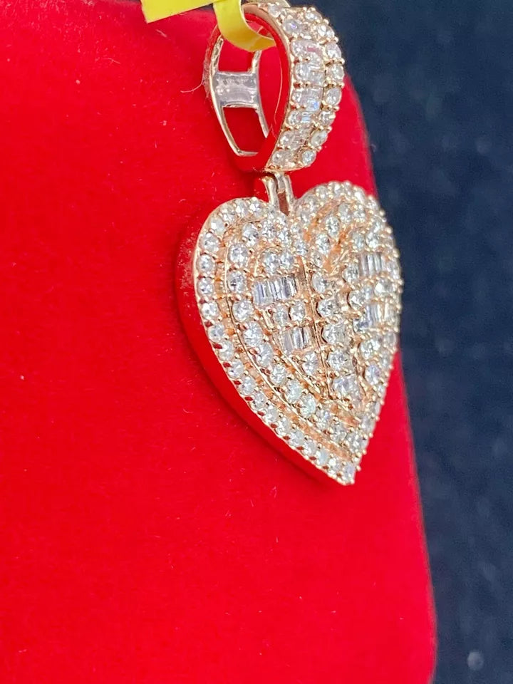 1.55CT Genuine Round Baguette Diamonds Heart Pendant 14KT Gold